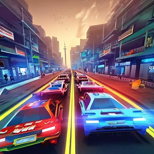 Prompt: create art for this game "JTNigerianOdyssey: The Race Through Time.  Lagos Street Race: A futuristic dynamic track that winds through the bustling streets of Lagos, showcasing the vibrant energy of the city.