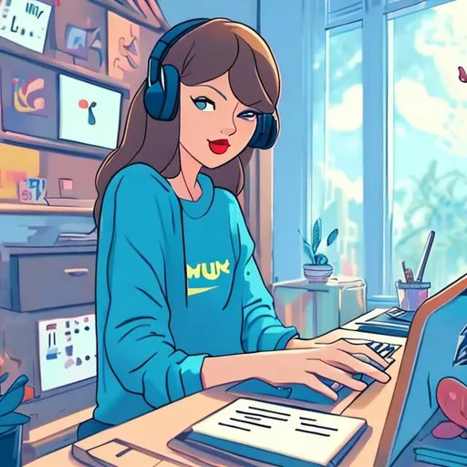 Prompt: taylor swift fan at study desk mixing music in chillhop animated style