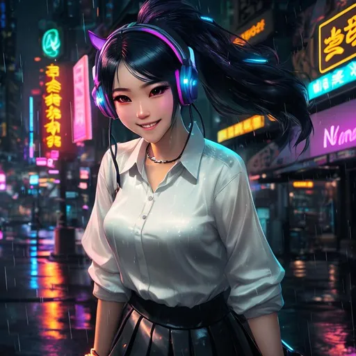 Prompt: Digital art, game art, asian vibes, neon light, night city, rain, full length, anime woman with gamer headset, black hair with blue streaks, ponytail, creepy smile, smooth soft skin, detailed face, holding white dog, wearing black skirt