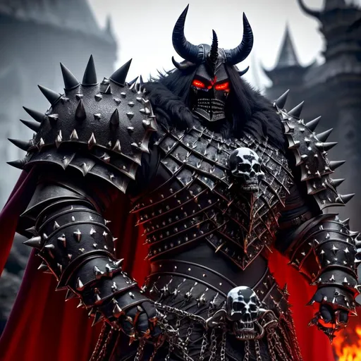 Prompt: a guard of a dark lord, wearing dark armour with spikes and skulls, and big horns, Professional, Highly Detailed, Hyperrealistic, sharp focus, Professional, UHD, HDR, 8K, Render, HD, Trending on ArtStation, close up, bokeh, outdoor,