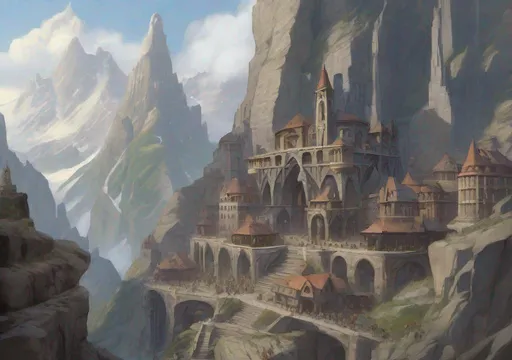 Prompt: mighty dwarvish city on the side of a mountain, fantasy art, towers and statues, market square, grey stones, poster, high definition, sharp focus, illustration, art by artgerm and greg rutkowski and alphonse mucha