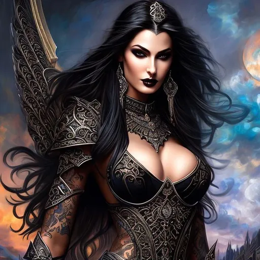 Prompt: Stunningly beautiful masterpiece, warrior goddess, Jay Scott Campbell, gothic makeup, Victorian armor, body by Jay Scott Campbell, oil painting, 64k, tattoos, bare midriff, tall and slender