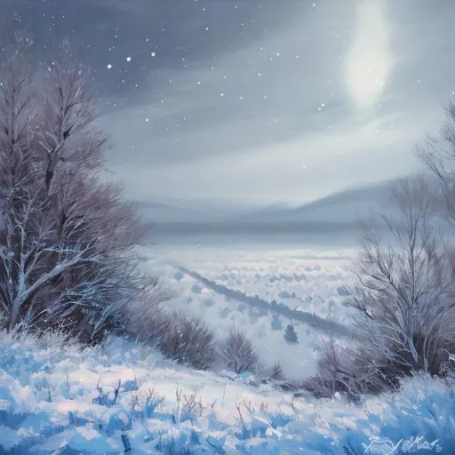 Prompt: Diamond blizzard over a snowy landscape in acrylic