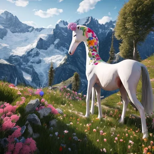 Prompt: long horse in the alps with a funny hat hyperrealistic with mountains and flowers in the background
unreal engine