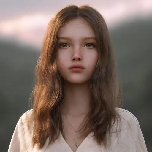 Prompt: Long-shot photograph of a woman as a cute young girl, full body, front facing, fingered wavy hair, smooth skin, symmetric face, dreamy light-brown eyes, light skin colour, soft lighting, cloudy weather, 18mm lense, iphone X, realistic, hyper detailed, 64K, UHD, HDR.