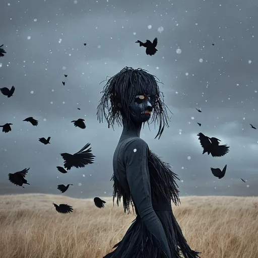 Prompt: ::Young Woman:  ::black feathers instead of hair:: ::Short hairdo::  ::Black feather dress:: ::Short skirt:: ::pale white skin:: ::slender bare legs and arms:: ::creepy birds eyes:: ::terrifying:: ::Bleak landscape:: ::Scarecrow in background:: ::smiling::  ::crows in the sky::