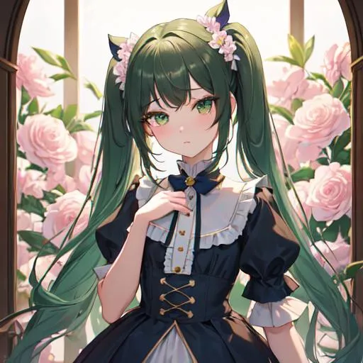 Prompt: (masterpiece, best quality:1.2), illustration, absurdres, highres, extremely detailed, 1 petite girl inside a (sandglass), navy long hair, small double pigtails, green eyes, eye highlights, dress, short puffy sleeves, frills, flower, fluttering petals, upper body, depth of field, (:d:0.8), chromatic aberration abuse,pastel color, Depth of field, purple tint,(purple fog:1.3)