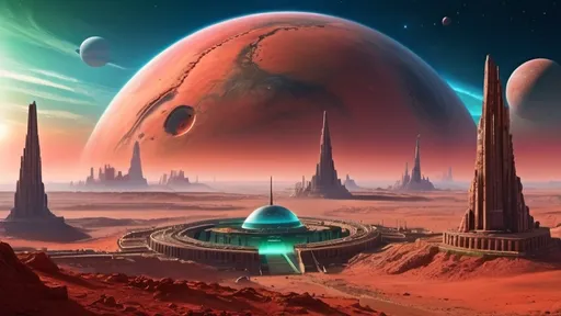 Prompt: ancient alien ruins in foreground, alien city in the distance surrounded by a fortified wall, planet mars setting, sky filled with red clouds, a huge blue-green planet hangs in the sky, highly detailed, photo realistic