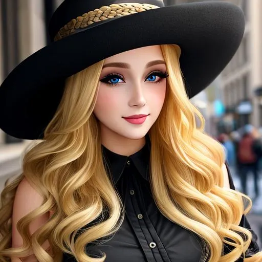 Prompt: A beautiful woman dressed in black, long  blonde very curly hair, facial closeup, cute hat