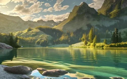 Prompt: image captures a tranquil lake surrounded by lush green mountains and trees. The sun is shining brightly in the sky, casting its golden rays on the water below and creating a beautiful reflection of the surrounding landscape. A large rock can be seen at the bottom of the lake, adding an interesting element to this idyllic scene. In addition, white clouds are scattered across the blue sky above, providing contrast against the vibrant greens of nature below. 