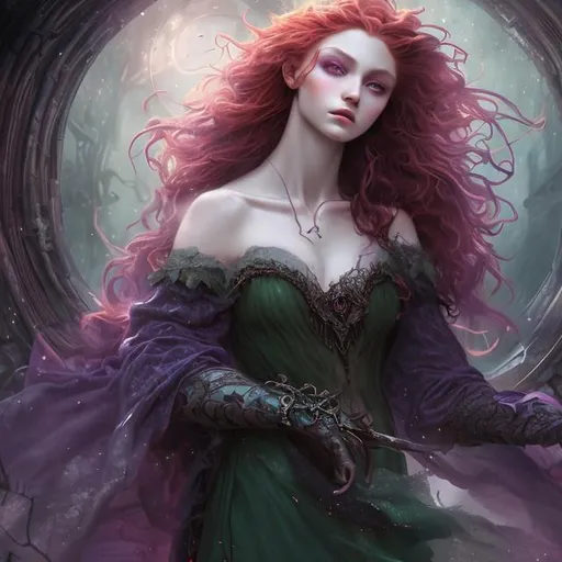 Prompt: Detailed and mystical portrait of a young beautiful witch with ivory clear skin, long red fiery hair and deep purple eyes. Charming pose, gorgeous green dress, Beautiful female body, Perfect female anatomy and gorgeous, night light, dramatic, magical, fantasy, 8k, high detailed, dramatic light