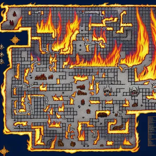 Prompt: dungeons and dragons 5e, grid map, square, dwarven underground city on fire, top-down, wide paths, buildings, dark, detailed, artistic, smoke