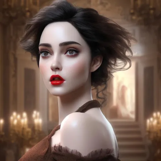 Prompt: 4k 3D professional modeling photo live action human woman hd hyper realistic beautiful british woman hair half black and white fair skin brown eyes beautiful face red lips fur coat and dress luxury landscape hd background with live action mansion