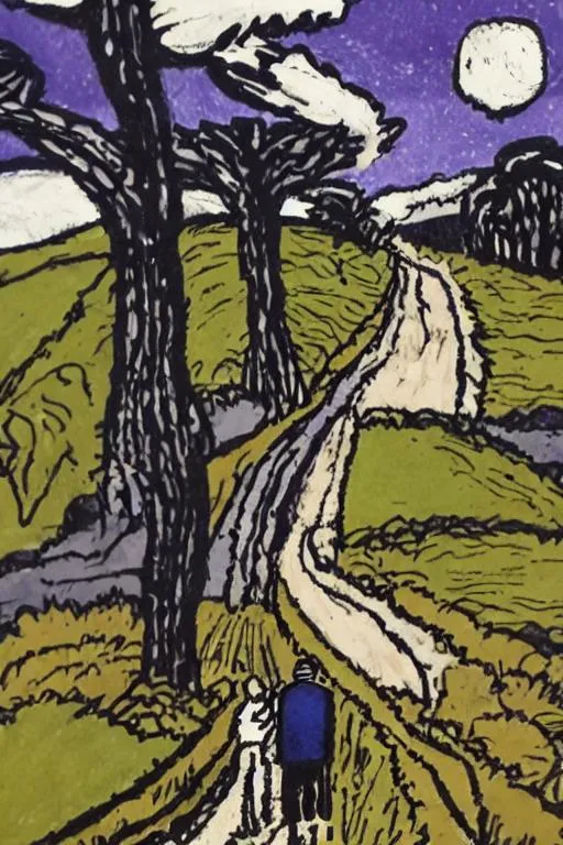 Prompt: Draw a man and a boy on a country lane in the style of stanley donwood. painted. colour.