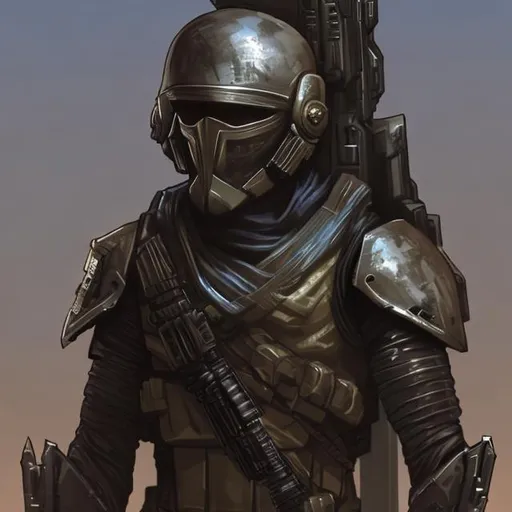 Prompt: Fading suns Al-Malik male soldier He wears a full helmet. Scifi soldiers.Technofantasy soldier. RPG art. Fading suns art. Scifi art. Arab soldier. demon