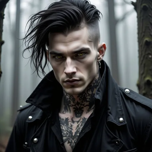 Prompt: a handsome guy with dark, cropped hair, tattoos and piercings, wearing spiked accessories and black clothes