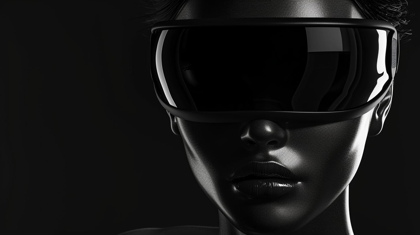 Prompt: Futuristic female android with a black opaque visor covering her eyes and upper face. The visor should have no reflections, presenting a stark contrast to her metallic skin which appears smooth with a subtle sheen, emphasizing her human-like features against the matte visor. The monochromatic image should focus on the interplay of light and shadow to highlight the sleek design of the visor and the refined details of the android's face. The composition should be a close-up on the face, in high resolution, capturing the nuances in texture and form.