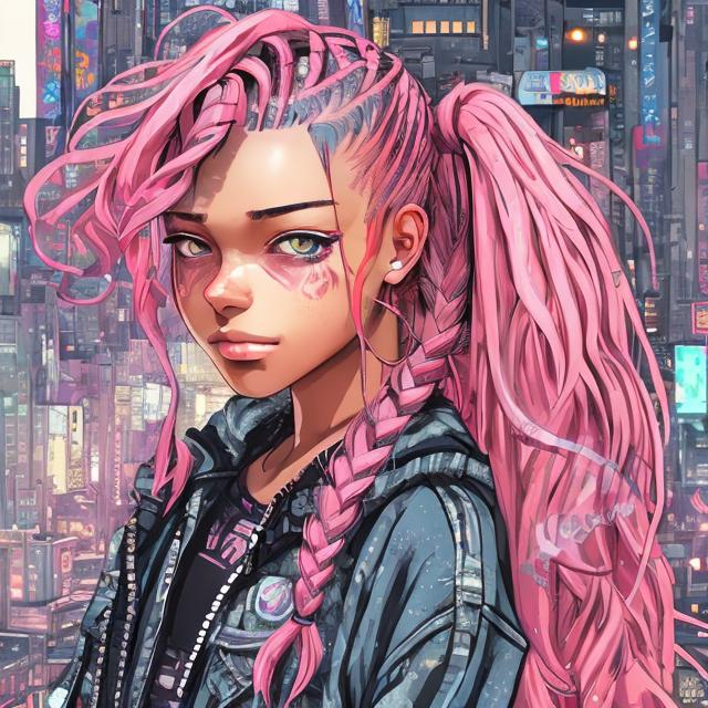 Young woman with pink hair, bangs, braids, wearing a... | OpenArt