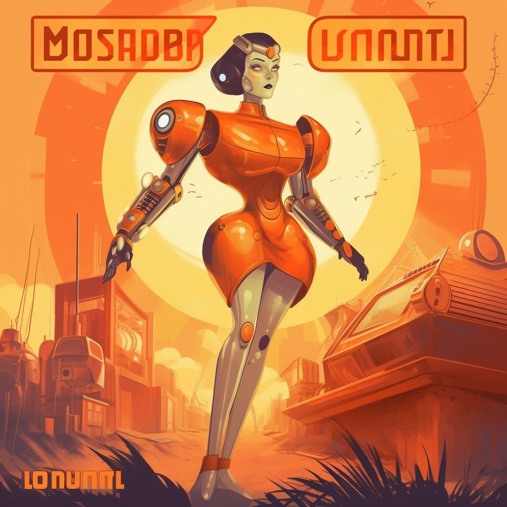 Prompt: advertisment for robot housemaid, in the style of retro futurism, light orange and amber, psychedelic soundscapes, editorial illustrations, lunarpunk, luminescent color scheme, applecore