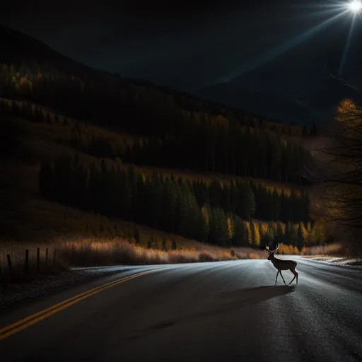 Prompt: A buck crossing the road at night. Headlights of oncoming vehicle shining on him