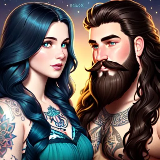 Prompt: fantasy illustration ((heavyweight man and heavyweight woman couple)), (((long dark brown wavy hair for man))), (((long blue wavy hair for woman))), (((woman's eyes are brown))), (((man's eyes are green))), (((woman has pale skin and round face))), {man has round face and scruffy beard}, tattoos, surreal, Disney, pixar, (((rainbow))), (((cosmos))), space, bubbles, illustration, (((neon))), high detail, intricate, artgerm, james jean, Rutkowski, and other illustrators, intricate details, face, full body portrait, headshot, illustration, UHD, 4K