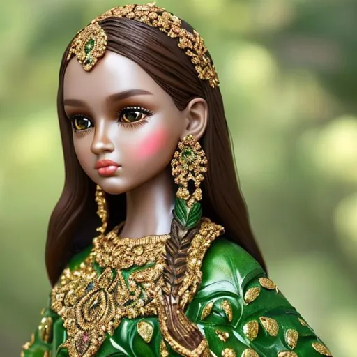 Prompt: Girl with detailed face, 8K, glossy skin, detailed features wearing Designer green leaves gown