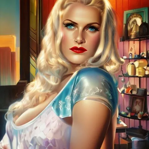 Prompt: Pin-up, (((hyperrealistic))), (((feet and head visible))), with turbulent blonde hair, blue eyes are drop shaped and slanted, exagerated wide hips, exagerated well endowed, wears a (((translucent negligee))), pearl necklace, hands placed on both sides of a doorframe, by Andrew Adroschenko, Josephine Wall,  Android Jones , makoto shinkai 