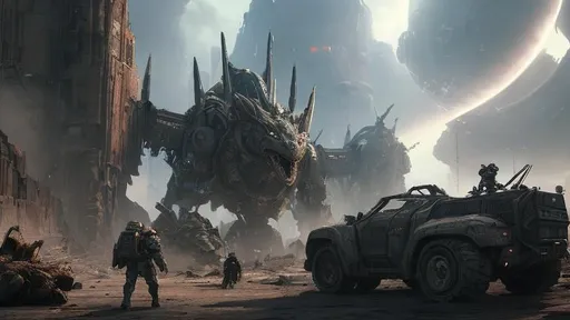 Prompt: Nuclear wasteland, strange monsters, fighting for survival, time is running out, hyper detailed, photorealistic, spaceship, cyberpunk, mech, firing missiles, hyperdetailed, battle mage fighting a dragon