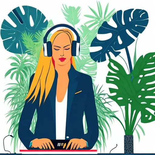 Prompt: Swedish female DJ. She has straight hair. Headphones. Turntable. She is wearing a blazer. She is in  a modern house with tropical plans. Illustration.