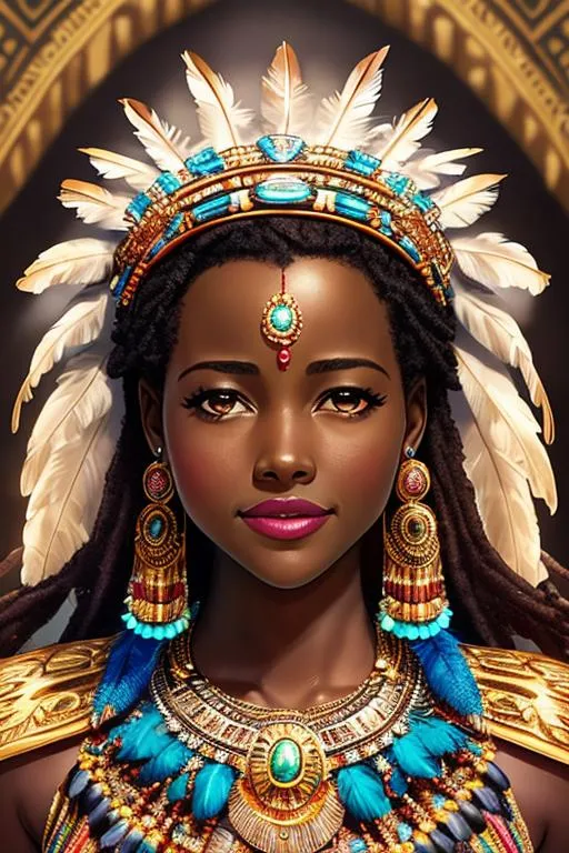 Prompt: UHD, hd , 8k, , hyper realism, Very detailed, panned out view, horror, creepy, Lovecraftian nightmare world, Lupita Nyong'o grinning, sleeveless, brown hair, brown eyes, tears running down face, wearing tribal crown and feathers, ethereal, happy, jewelry set necklace wild hair, royal vibe, highly detailed, watery eyes,tears running down face, highly detailed face, digital painting, Trending on artstation , HD quality, tan skin,artgerm, by Ilya Kuvshinov tentacles surround her,  Lovecraftian atmosphere, tentacles surround the background,  art by Ilya Kuvshinov 