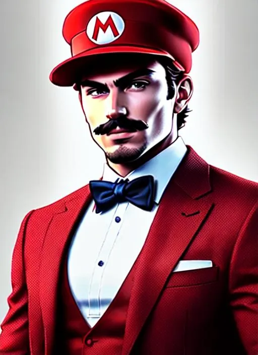 Prompt: Mario with red hat, Three-Piece Suit, Check Watch, Masterpiece, Best Quality, Extremely Detailed Face, Perfect Lighting, Solo