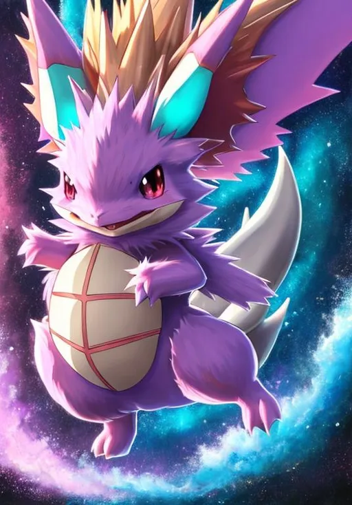 Prompt: UHD, , 8k,  oil painting, Anime,  Very detailed, zoomed out view of character, HD, High Quality, Anime, , Pokemon, Nidoran is a small, quadrupedal, mammalian Pokémon with hard skin. It is pinkish purple with darker patches. It has large, spiny ears with teal insides, oversized front teeth, and red eyes. Its back is covered with three lines of large spines that can release potent poisons if threatened. The center line of spines is taller than the other two. The size of the long, pointed horn on its forehead is indicative of the strength of its venom. Nidoran is a male-only species.

Nidoran constantly listens for the sounds of approaching enemies with its large ears. Said ears have unique muscles that allow them to be moved in any direction, and even the slightest sound does not escape Nidoran notice. In order to listen to distant locations, it flaps its ears like wings. When angry, it extends its toxic spikes and charges, stabbing with its horn to inject poison, savannas and plains.
Pokémon by Frank Frazetta