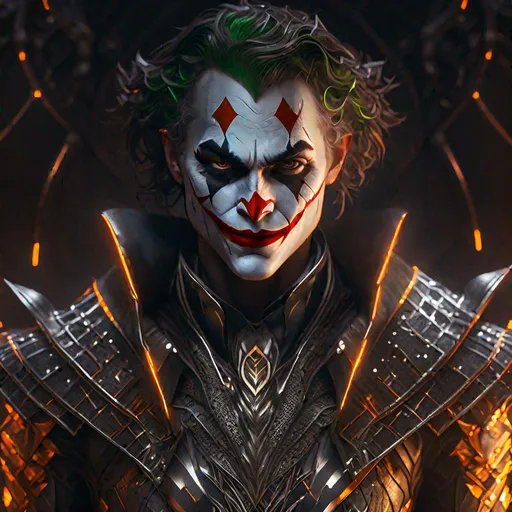 Prompt: ultra quality. cute joker, intricate silver, intricate brown and orange, neon armor, cinematic lighting, symetric, portrait, abstract, full hd render + 3d octane render +4k UHD + immense detail + dramatic lighting + well lit + gothic colours, + fine details + octane render + 8k, abstract