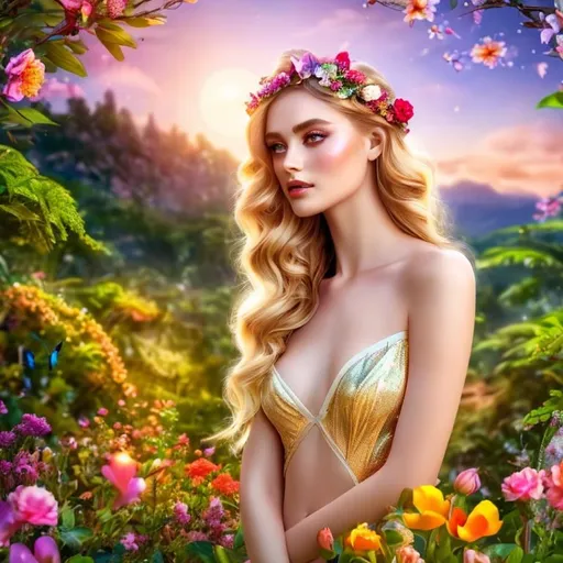 Prompt: beautiful woman with attractive face, glimmering clothing with a flower crown with  green eyes, with very blonde wavy long hair, freckles, butterflies in background , and various animals in the background, in a beautiful forest and sunset background with all kinds of flowers and vegetation, photo-realistic scene, 8k, holding flowers