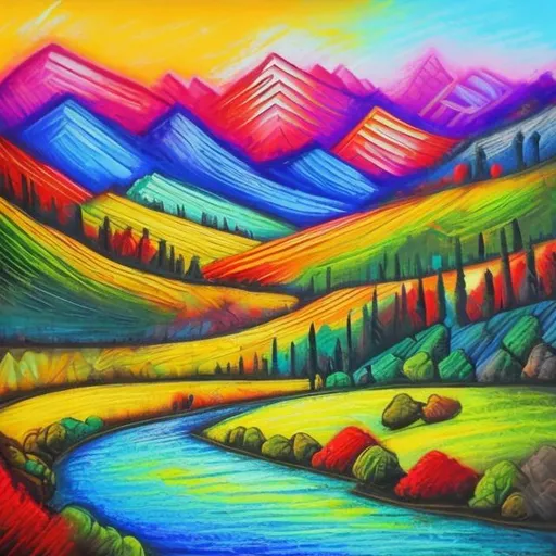 Prompt: oil pastel painting of Landscape with mountains, forest, river and surrealistic village 