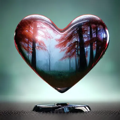 Prompt: chrome 3d heart with tree reflections