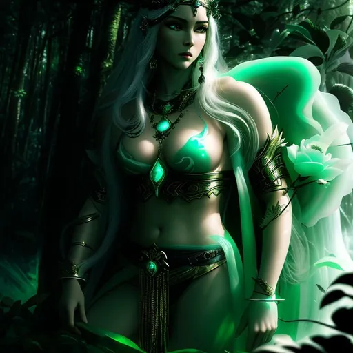 Prompt: 3D HD epic, dramatic, cinematic, vivid, [({one}{(Beautiful benevolent {goddess}Warrior {liquid}ivory jade black}, expansive magical forest background, hyper realistic, 8K --s98500