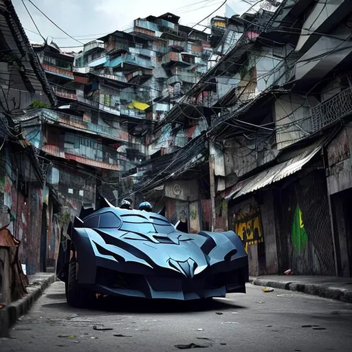 Prompt: Batman with batmobile in rio de janeiro favelas