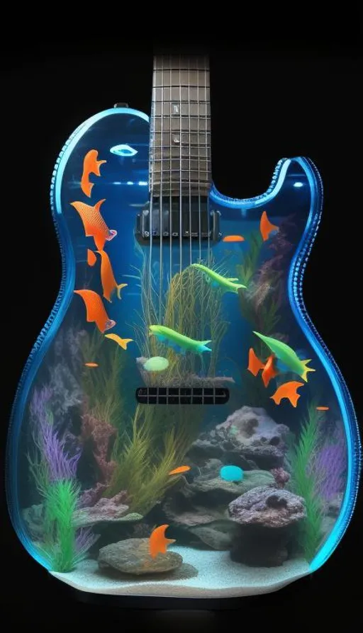 Prompt: an aquarium in the shape of an electric guitar, filled with colorful fish and marine plants inside. super clear resolution, high definition, extremely detailed, colorful, 32 k, cinematic postprocessing, crisp quality, 3d, photorealistic, award winning, cinematic lightning