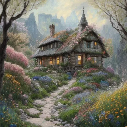 Prompt: fairytale rock cabin caught in a Chaotic Whirlwind Of Wildflowers And Leaves, river, bridges, cobblestone path,  Intricate Details, Aesthetically Pleasing And Harmonious Natural Colors, Art By Marco Mazzoni, Impressionism, Detailed, Dark, Flowers Heavy Brushstrokes, Textured Paint, Oil Painting, Dramatic, 8k, Trending On Artstation, Painting By Vittorio Matteo Co, Heavy Brushstrokes, Textured Paint, Impasto Paint, Highly Detailed, Intricate, Cinematic Lighting, Oil Painting, Highly Textured Skin, Dramatic, 8k, Trending On Artstation, Painting By Vittorio Matteo Corcos And Albert Lynch And Tom Roberts

