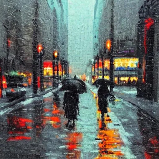 Prompt: Down town street on dark heavy rainy night, Impressionist style, gloomy mood but can feel freshness 
