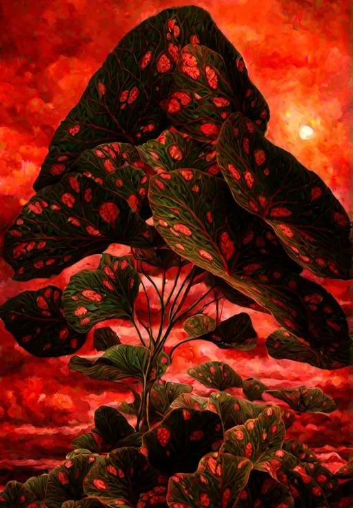 Prompt: Caladium planta in a islolated place, cloudy sky, surrealistic paint