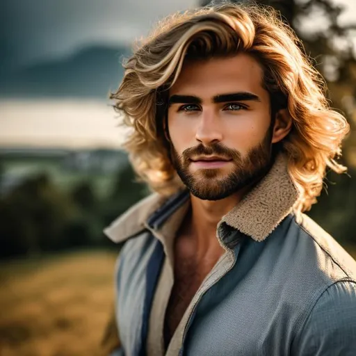 Prompt: Long-shot photo of a handsome 22 year old farmer with blonde hair and a hairy chest wearing while  short wavy hair, very detailed eyes, centered in frame, 85mm lens, f8, photography, intricate details, very detailed eyes, large musculature correct perspective, natural light, castle in background, 8k, 