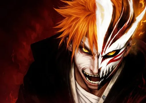 Prompt: Detailed boy face, yellow eyes, white teeth, crazy smiling, wear a semi mask on the head, orange hair, angry, wear a black kimono with white t-shirt, fire and blood background