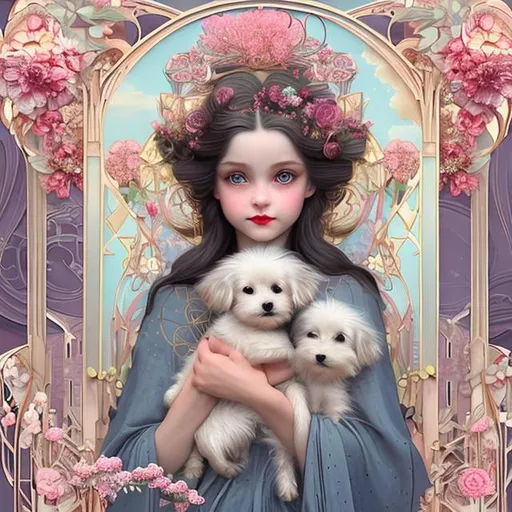 Prompt: (masterpiece, top quality, beautiful and aesthetic:1. 2), 1girl holding 1 little dog, with white hair sitting in car filled with flowers, looking straight to the camera, big symmetrical blue eyes, little nose, smiling, red lipstick, (photoshot), (zen tangle, flower effects:1. 2), (art nouveau :1. 1), (Alphonse Mucha, Mona Lisa, unreal engine, 8K octane render , art by Rinko Kawauchi, in the style of naturalistic poses, vacation dadcore, youthful energy, a cool expression, body extensions, flowers in the sky, analog film, hyperrealistic, fujii camera, fish eye lens