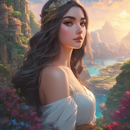 Prompt: Greek Mythology,  adventurer, DnD concept art, In a busy market, half body portrait, detailed face, detailed vibrant eyes, full eyelashes, ultra detailed accessories, magic, city background, dnd, artwork, fantasy,inspired by D&D, concept art, ((looking away from viewer)), ((Art inspired by studio ghibli))
