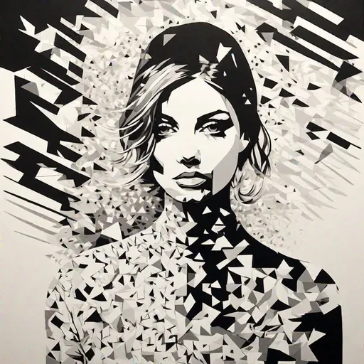 Prompt: "high use of negative space, extremely detailed, insanely detailed portrait of a beautiful woman in a painting using thousands abstract shapes, negative space, black and white"