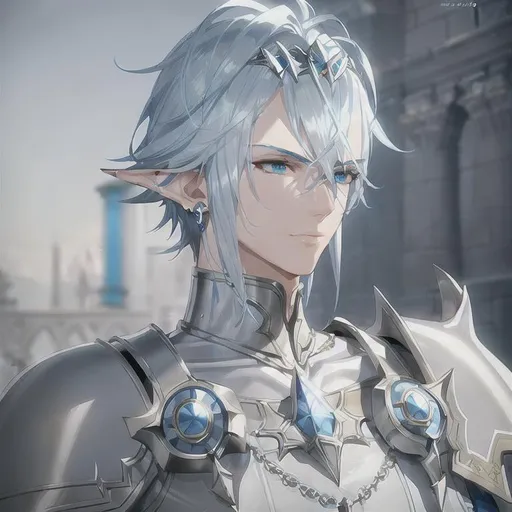 Prompt: male sea elf , light blue medium hair, very handsome thin face, medium  hair, dnd, blue eyes , straight eyebrows, chainmail armor, earrings, holy emblem, 
perfect composition, photo realistic, super detailed, high quality, sharp focus, studio photo, intricate details, highly detailed