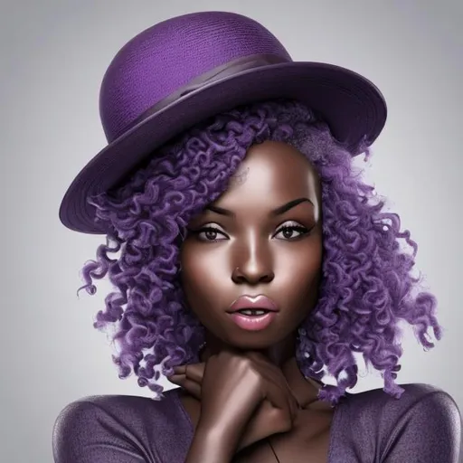 Prompt: Black AI woman with purple hair and hat 