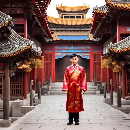 Prompt: An Asian wearing a necktie over a traditional Chinese robe, Hanfu, the person is wearing a mix of western wear and East Asian attire, the person is wearing a fancy fez, the person is surrounded by domed buildings with Chinese roofs, landscape, realistic, photograph